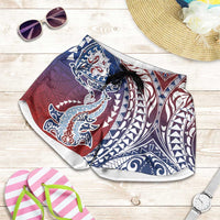 Hawaiian Manta Ray and Hammerhead Shark Tribal Tattoo Shorts for Women with Polynesian Tribal Pattern Hawaii Flag Color LT03 Multicolor - Polynesian Pride