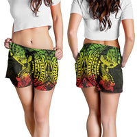 Hawaiian Manta Ray and Hammerhead Shark Tribal Tattoo Shorts for Women with Polynesian Tribal Pattern Reggae Style