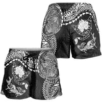 Hawaiian Manta Ray Tribal Shorts for Women Polynesian Art Motifs Black Color