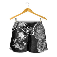 Hawaiian Manta Ray Tribal Shorts for Women Polynesian Art Motifs Black Color