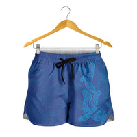 Hawaiian Monk Seal and Whale Shorts for Women Kakau Tribal Pattern Blue Color