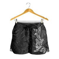 Hawaiian Monk Seal and Whale Shorts for Women Kakau Tribal Pattern Grayscale
