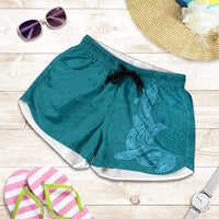 Hawaiian Monk Seal and Whale Shorts for Women Kakau Tribal Pattern Teal Color