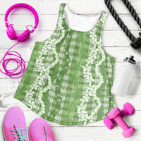 Hawaiian Ohia Lehua Lei Women Racerback Tank Plaid Palaka Omaomao Pattern LT9 Green - Polynesian Pride
