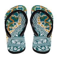 Hawaiian Plumeria Lei Flip Flops Kakau Motifs and Palaka Half Style Turquoise Color LT03 - Polynesian Pride