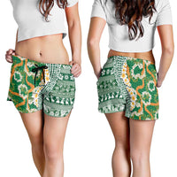 Hawaiian Plumeria Lei Shorts for Women Kakau Motifs and Palaka Half Style Green Color LT03 - Polynesian Pride