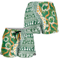 Hawaiian Plumeria Lei Shorts for Women Kakau Motifs and Palaka Half Style Green Color LT03 - Polynesian Pride