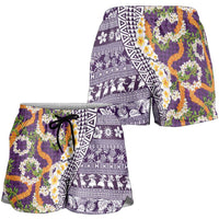 Hawaiian Plumeria Lei Shorts for Women Kakau Motifs and Palaka Half Style Purple Color LT03 - Polynesian Pride