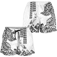 Hawaiian Tribal Manta Ray Shorts for Women Kakau Tattoo and Polynesian Art Motif Pattern