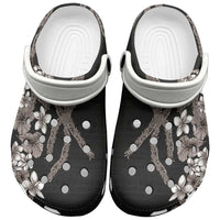 Hawaiian Tropical Flowers and Maile Pikake Clogs Shoes Polynesian Tribal Pattern Grayscale Mode