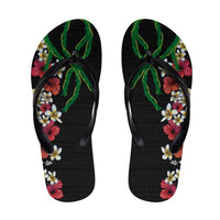 Hawaiian Tropical Flowers and Maile Pikake Flip Flops Polynesian Tribal Pattern Black Color