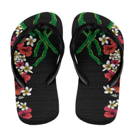 Hawaiian Tropical Flowers and Maile Pikake Flip Flops Polynesian Tribal Pattern Black Color