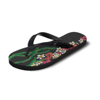 Hawaiian Tropical Flowers and Maile Pikake Flip Flops Polynesian Tribal Pattern Black Color