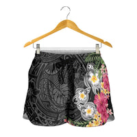 Hawaiian Tropical Flowers and Tribal Turtles Shorts for Women Polynesian Art Motifs Black Color LT03 - Polynesian Pride