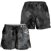 Hawaiian Tropical Plants and Tribal Whales Shorts for Women Polynesian Art Tattoo Grayscale