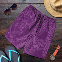 Hawaiian Turtle and Shark Shorts for Men Kakau Tribal with Polynesian Pattern Pink Color