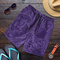 Hawaiian Turtle and Shark Shorts for Men Kakau Tribal with Polynesian Pattern Purple Color