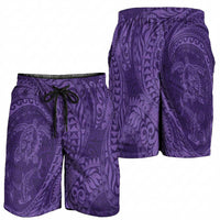 Hawaiian Turtle and Shark Shorts for Men Kakau Tribal with Polynesian Pattern Purple Color