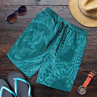 Hawaiian Turtle and Shark Shorts for Men Kakau Tribal with Polynesian Pattern Turquoise Color
