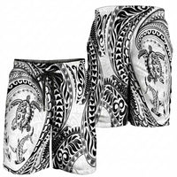 Hawaiian Turtle and Shark Shorts for Men Kakau Tribal with Polynesian Pattern White Color