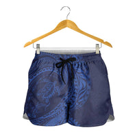 Hawaiian Turtle and Shark Shorts for Women Kakau Tribal with Polynesian Pattern Blue Color