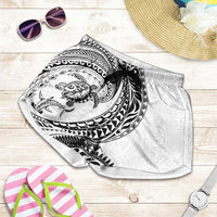 Hawaiian Turtle and Shark Shorts for Women Kakau Tribal with Polynesian Pattern White Color