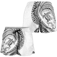 Hawaiian Turtle and Shark Shorts for Women Kakau Tribal with Polynesian Pattern White Color