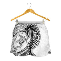 Hawaiian Turtle and Shark Shorts for Women Kakau Tribal with Polynesian Pattern White Color