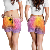 Hawaiian Turtles and Leis Shorts for Women Tribal Kakau Pattern Magical Rainbow Sky