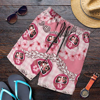 Japanese Daruma Doll Palaka Shorts for Men Cherry Blossoms With Shell Lei
