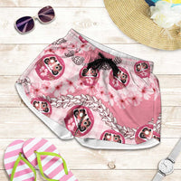 Japanese Daruma Doll Palaka Shorts for Women Cherry Blossoms With Shell Lei