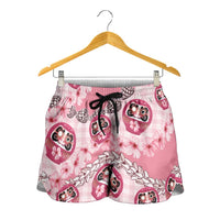 Japanese Daruma Doll Palaka Shorts for Women Cherry Blossoms With Shell Lei
