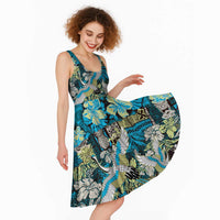Japanese Hawaiian Crane Midi Dress Blue Tapa Patchwork Pattern