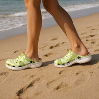 Lime Green Hawaii Kalo Palaka Motifs Clogs Shoes Hawaiian Taro Leaves Elegant Vibes