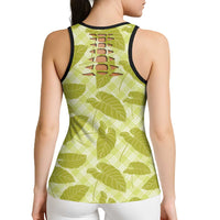 Lime Green Hawaii Kalo Palaka Motifs Hollow Tank Top Hawaiian Taro Leaves Elegant Vibes