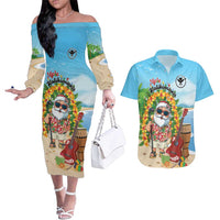 Personalized Hawaii Golf Christmas Couples Matching Off The Shoulder Long Sleeve Dress and Hawaiian Shirt Mele Kalikimaka Funny Golfer Santa LT01 Blue - Polynesian Pride