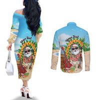 Personalized Hawaii Golf Christmas Couples Matching Off The Shoulder Long Sleeve Dress and Long Sleeve Button Shirt Mele Kalikimaka Funny Golfer Santa - Polynesian Pride