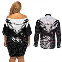 New Zealand Couples Matching Off Shoulder Short Dress and Long Sleeve Button Shirts Aotearoa Maori Kiwi Black Fern LT01 - Polynesian Pride