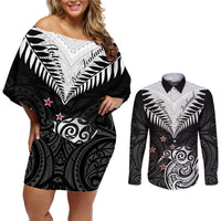 Personalised New Zealand Couples Matching Off Shoulder Short Dress and Long Sleeve Button Shirts Aotearoa Maori Kiwi Black Fern LT01 Black - Polynesian Pride