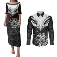 Personalised New Zealand Couples Matching Puletasi Dress and Long Sleeve Button Shirts Aotearoa Maori Kiwi Black Fern LT01 Black - Polynesian Pride