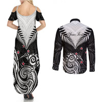 Personalised New Zealand Couples Matching Summer Maxi Dress and Long Sleeve Button Shirts Aotearoa Maori Kiwi Black Fern LT01 - Polynesian Pride