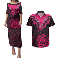 Personalised Aotearoa Couples Matching Puletasi Dress and Hawaiian Shirt Maori Kiwi Pink Fern LT01 Pink - Polynesian Pride