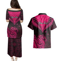 Personalised Aotearoa Couples Matching Puletasi Dress and Hawaiian Shirt Maori Kiwi Pink Fern LT01 - Polynesian Pride