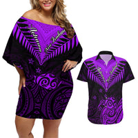 Personalised Aotearoa Couples Matching Off Shoulder Short Dress and Hawaiian Shirt Maori Kiwi Purple Fern LT01 Purple - Polynesian Pride