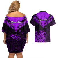 Personalised Aotearoa Couples Matching Off Shoulder Short Dress and Hawaiian Shirt Maori Kiwi Purple Fern LT01 - Polynesian Pride