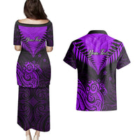 Personalised Aotearoa Couples Matching Puletasi Dress and Hawaiian Shirt Maori Kiwi Purple Fern LT01 - Polynesian Pride