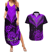 Personalised Aotearoa Couples Matching Summer Maxi Dress and Hawaiian Shirt Maori Kiwi Purple Fern LT01 Purple - Polynesian Pride