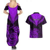 Personalised Aotearoa Couples Matching Summer Maxi Dress and Hawaiian Shirt Maori Kiwi Purple Fern LT01 - Polynesian Pride