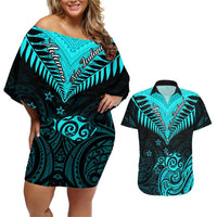 Personalised Aotearoa Couples Matching Off Shoulder Short Dress and Hawaiian Shirt Maori Kiwi Turquoise Fern LT01 Turquoise - Polynesian Pride