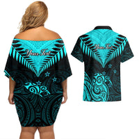 Personalised Aotearoa Couples Matching Off Shoulder Short Dress and Hawaiian Shirt Maori Kiwi Turquoise Fern LT01 - Polynesian Pride